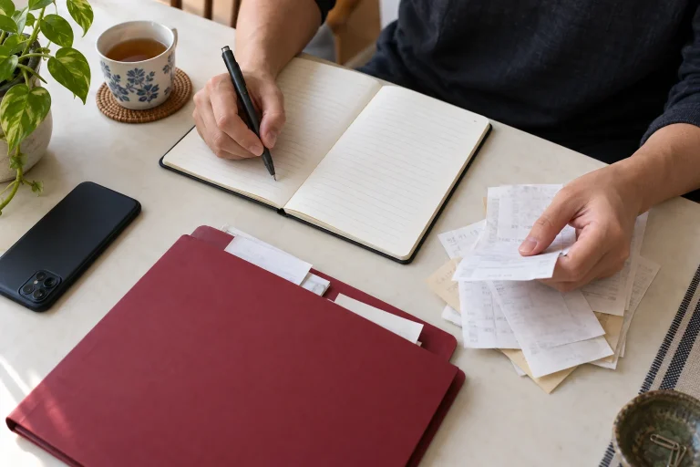 Ảnh minh họa AI: Chủ xe ghi nhật ký phụ tùng và sắp xếp chứng từ trên bàn