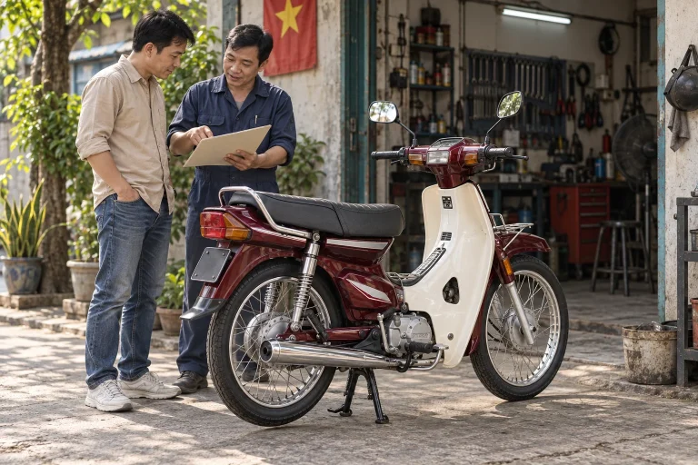Ảnh minh họa AI chủ xe và người thợ trao đổi hồ sơ làm lại xe dáng Dream tại xưởng