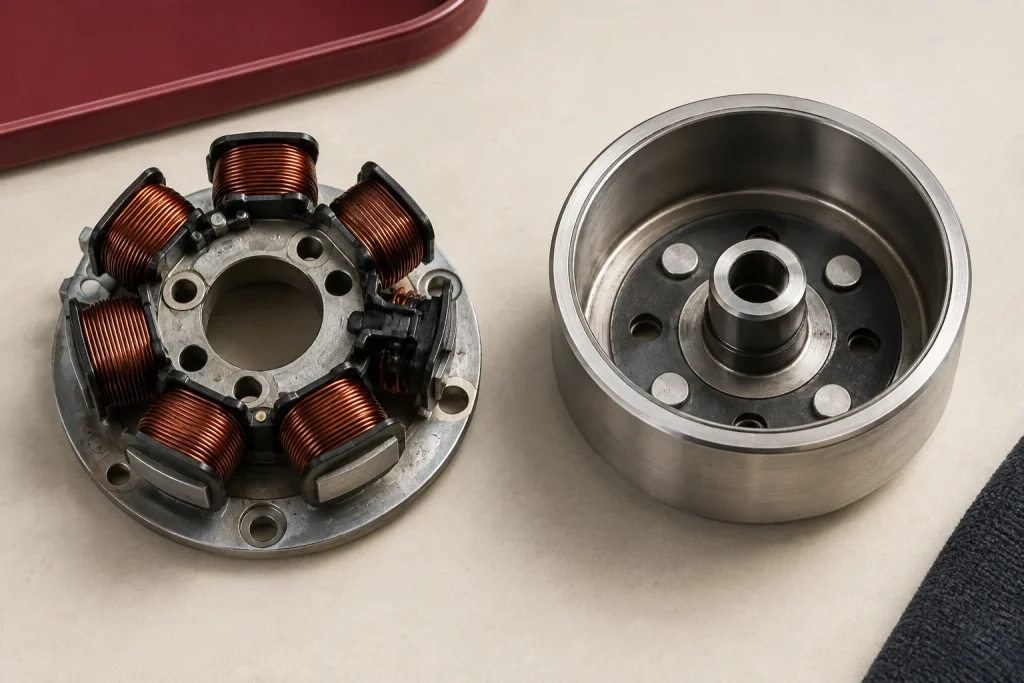 Ảnh minh họa AI: Minh họa AI: cụm cuộn dây tròn và phần rotor đặt riêng trên bàn