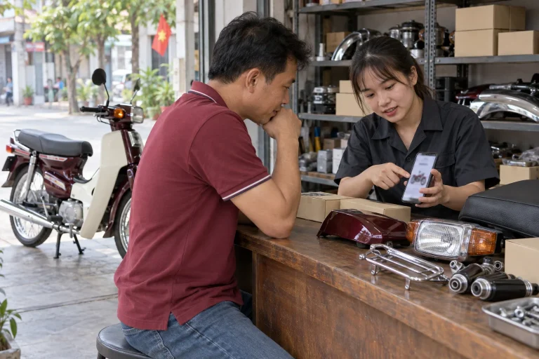 Ảnh minh họa AI: Chủ xe trao đổi với người bán phụ tùng cạnh chiếc xe số dáng Dream
