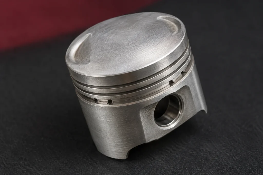 Ảnh minh họa AI: Minh họa AI: piston xe máy nhỏ với đỉnh, rãnh và vùng chốt nhìn rõ